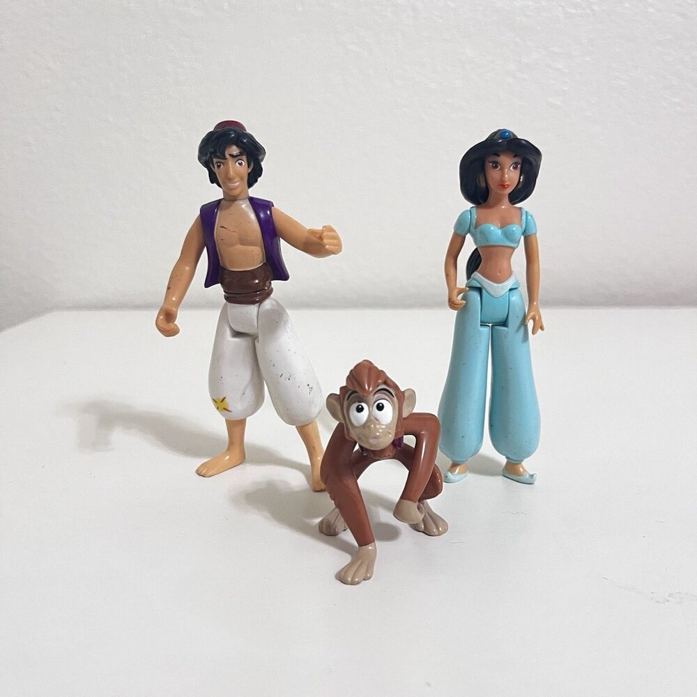Disney Mattel Aladdin and Jasmine Action Figures + Abu PVC Figure 1992